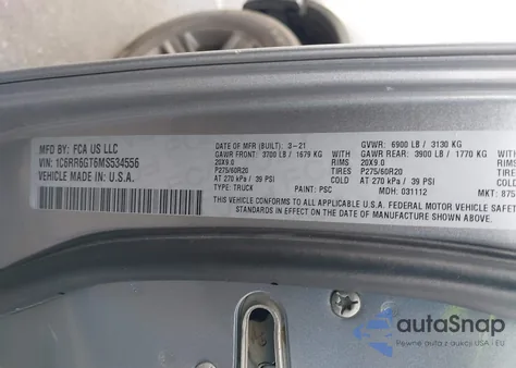 2021 Ram 1500 Classic Slt z USA, uszkodzony, nr VIN 1C6RR6GT6MS534556